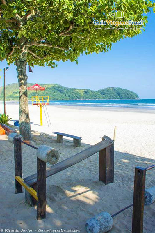 Imagem de aparelhos para exercícios na Praia da Baleia.