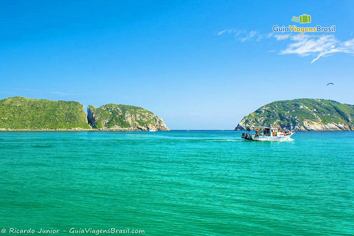 Imagem de ilhas e barco no mar e no céu um pássaro.