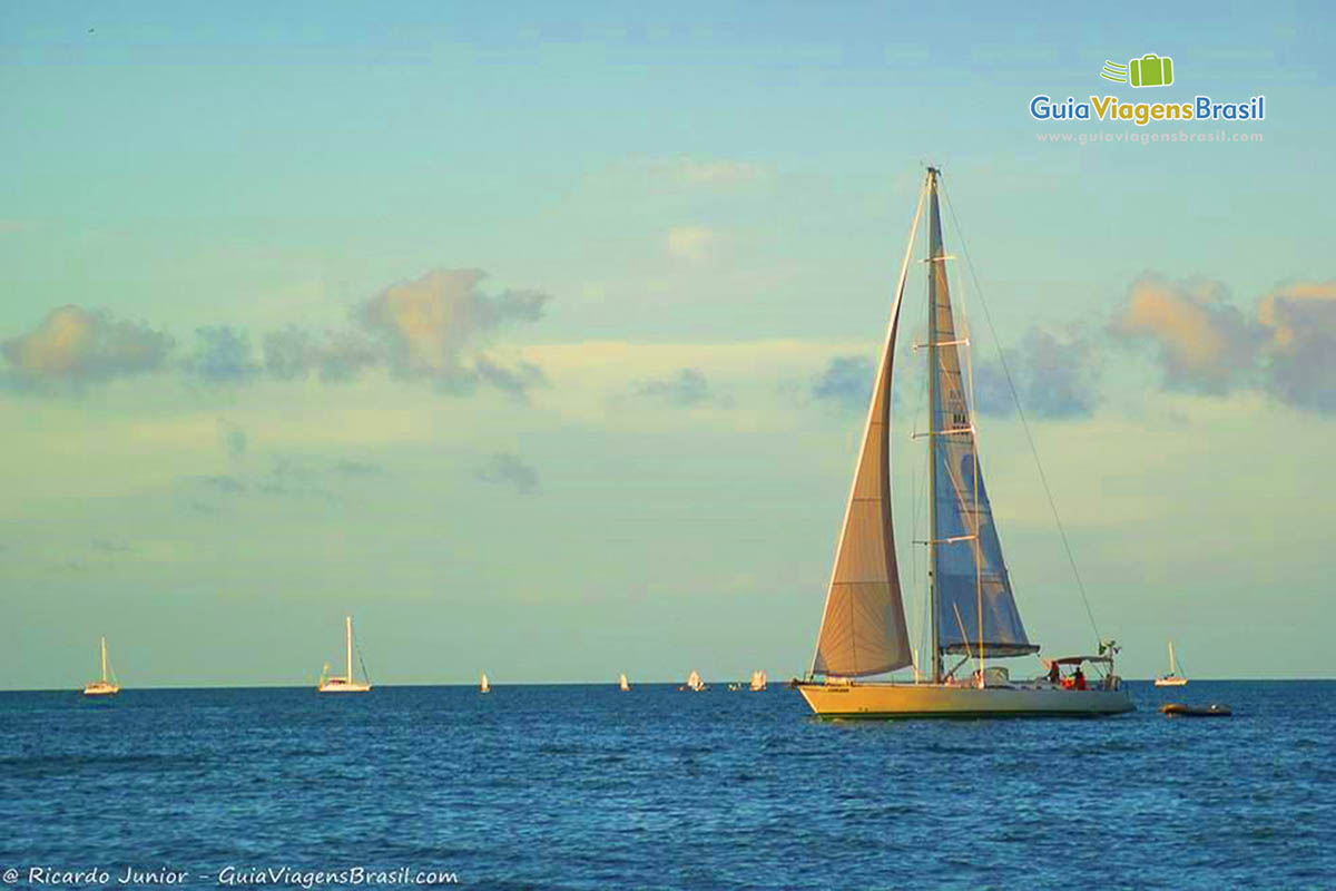 Imagem do lindo barco a vela no mar da Praia Jurerê.