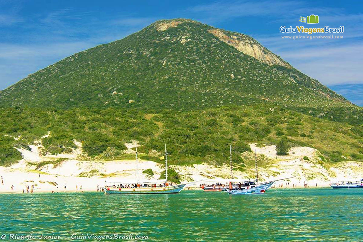 Imagem de quatro barcos de passeio ancourados na Ilha do Farol.