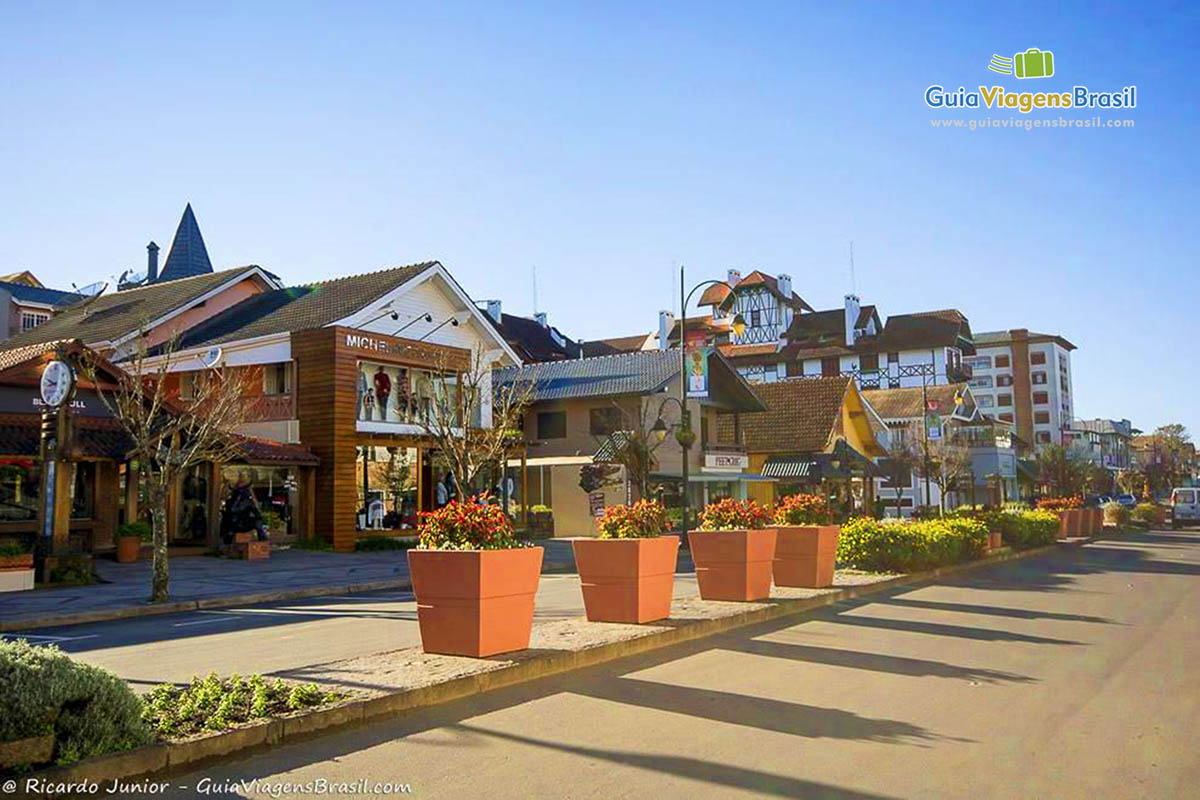 Imagem de vasos com flores na avenida de Gramado.