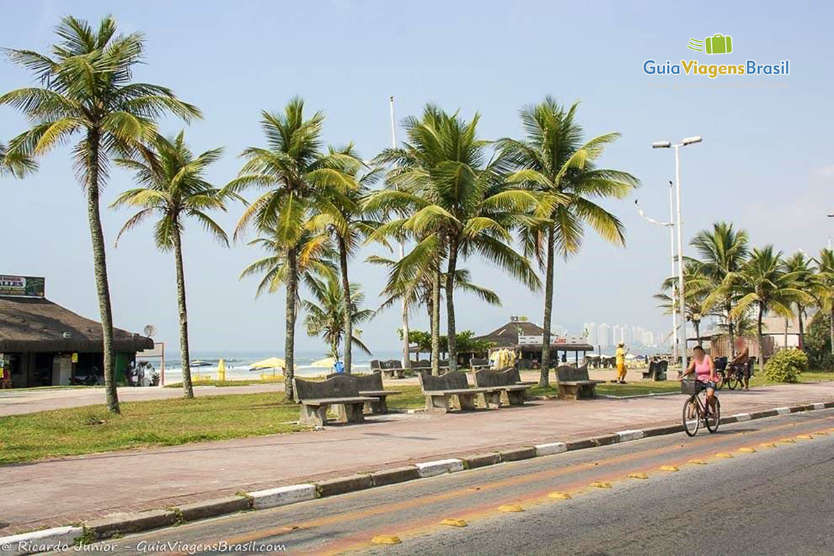 Imagem de uma pessoa andando de bicicleta na Praia da Enseada no Guarujá.