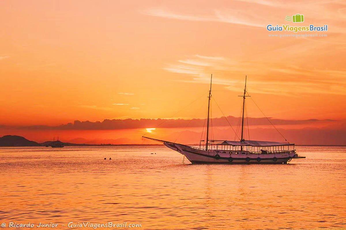 Imagem do mar no mar com céu alaranjado e o sol bem longe no horizonte.