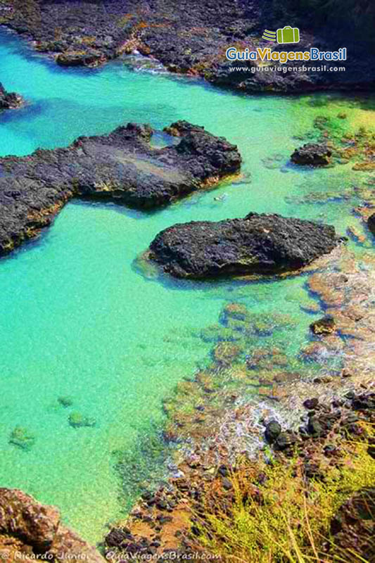 Imagem do alto das pedras e das águas translúcidas, da Baía dos Porcos, em Fernando de Noronha, Pernambuco, Brasil.