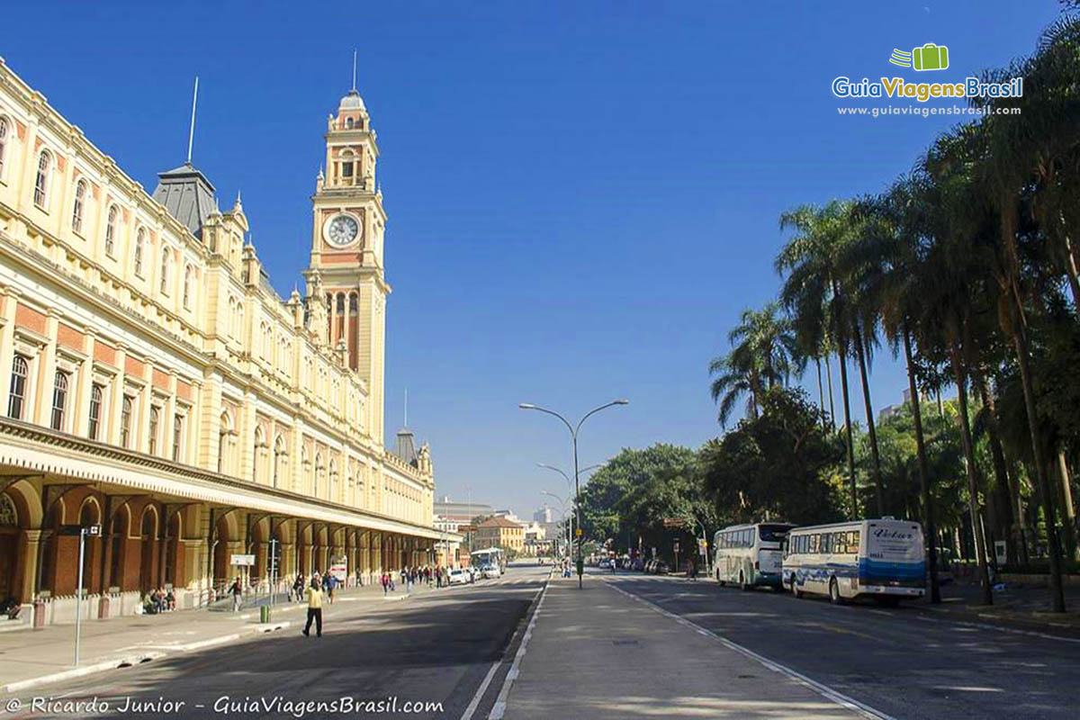 Imagem da lateral da Estação da Luz e do outro lado da avenida o Parque da Luz, na cidade de São Paulo.