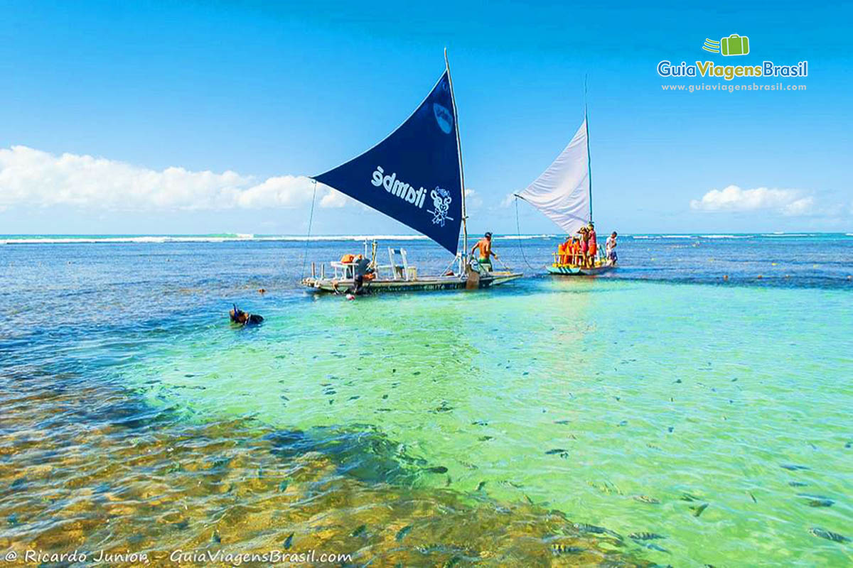 Imagem dos barcos a vela que leva os turistas até as piscinas naturais.