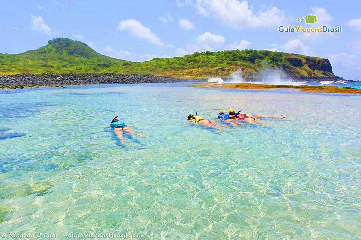 Imagem de mergulho, possibilidade de encontrar pequenos tubarão na piscina natural, na Praia da Atalaia em Fernando de Noronha, Pernambuco, Brasil.