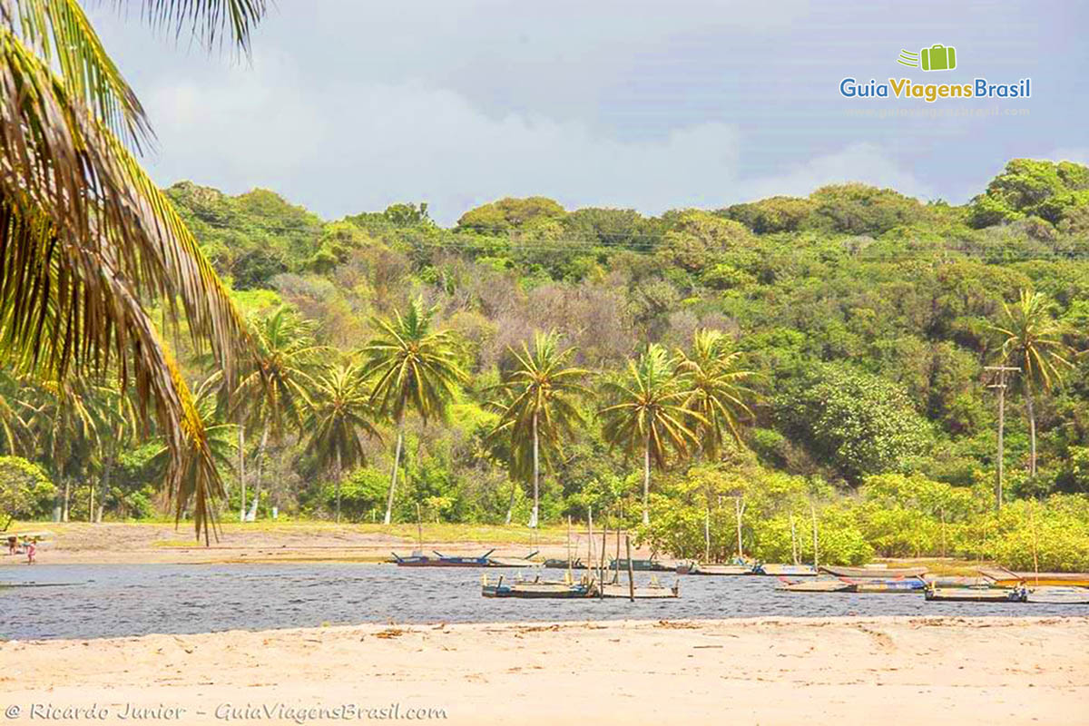 Imagem de barco de pescadores no mar da Praia da Barra do Cunhaú.