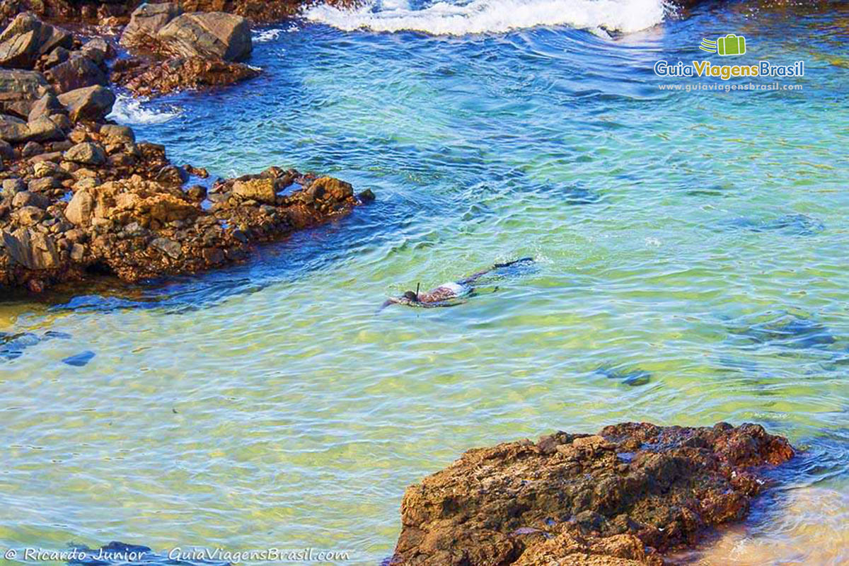 Imagem de turista mergulhando nas águas transparentes da Praia da Barra, em Salvador.