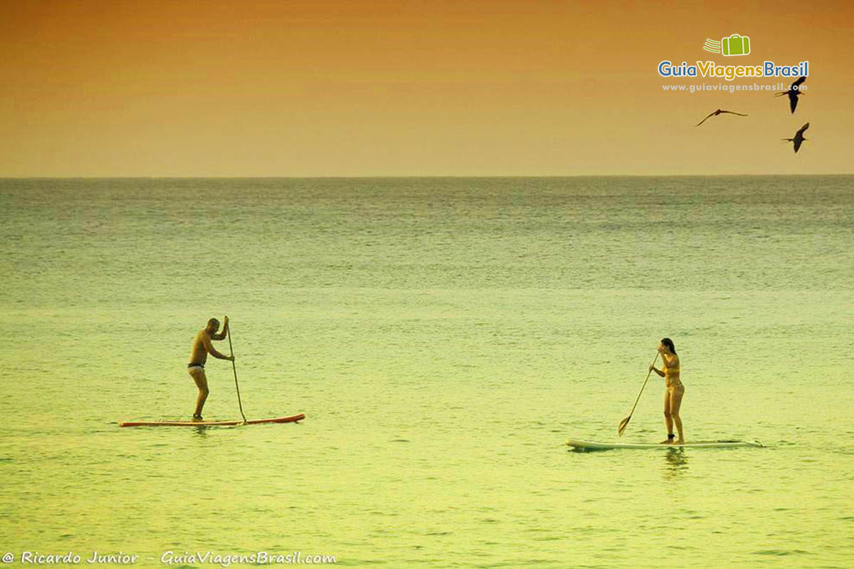 Imagem de dois turistas praticando stand up no entardecer e gaivotas no voando céu, na Praia da Conceição, em Fernando de Noronha, Pernambuco, Brasil.