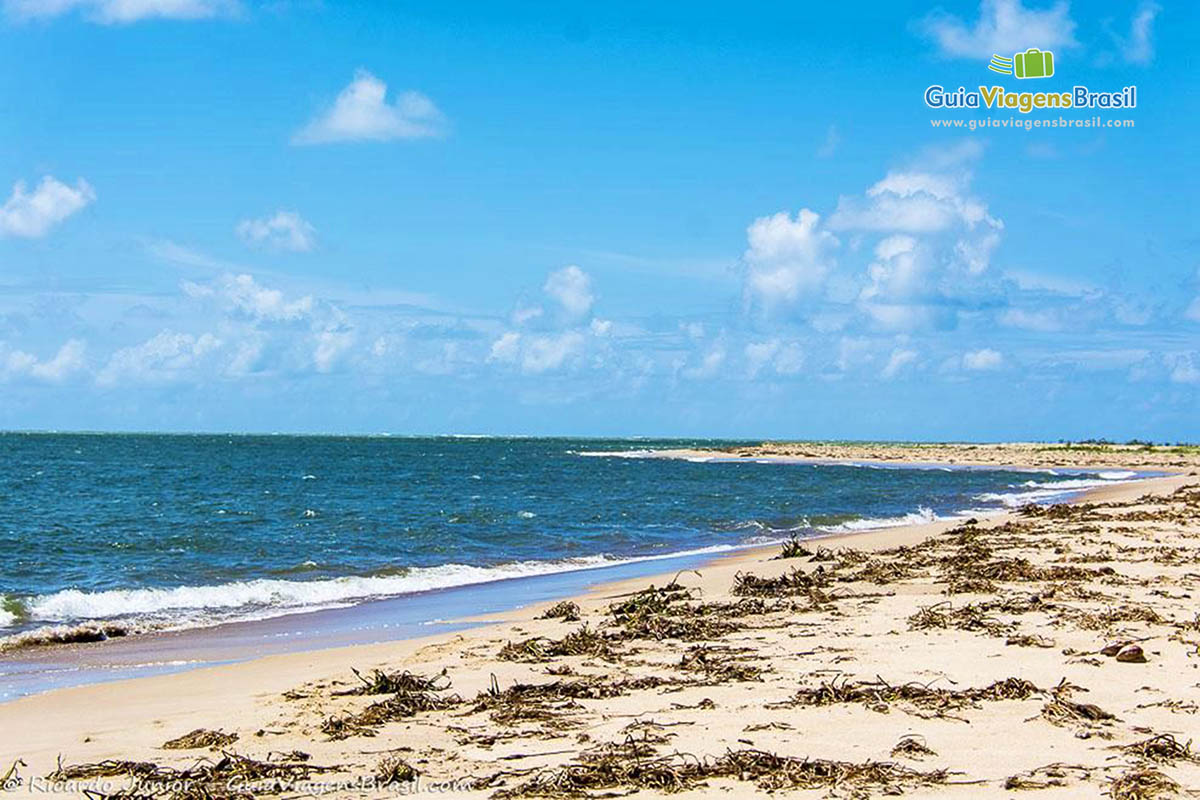 Imagem da Praia Foz Rio São Francisco com pequenas ondas na beira, em Alagoas, Brasil. 