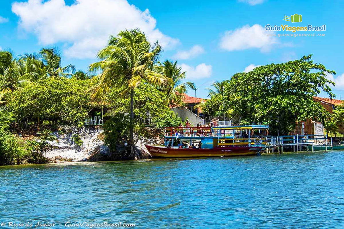 Imagem de uma casa simples em coqueiros na margem do rio, Foz Rio São Francisco, em Alagoas, Brasil.