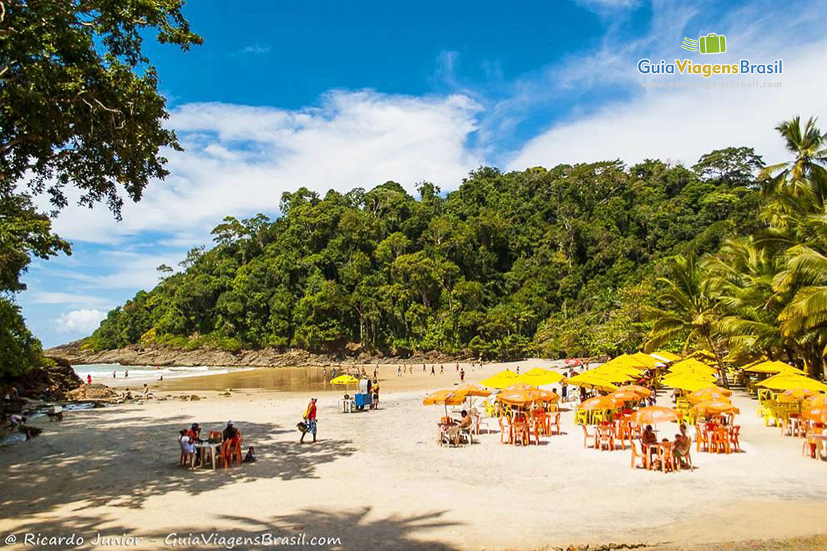 Imagem de cadeiras de um quiosque organizadas para receber turistas na praia.