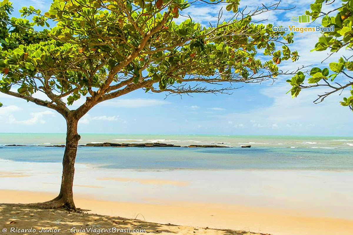 Imagem do mar azul e calmo da Praia de Itacimirim, em Porto Seguro. 