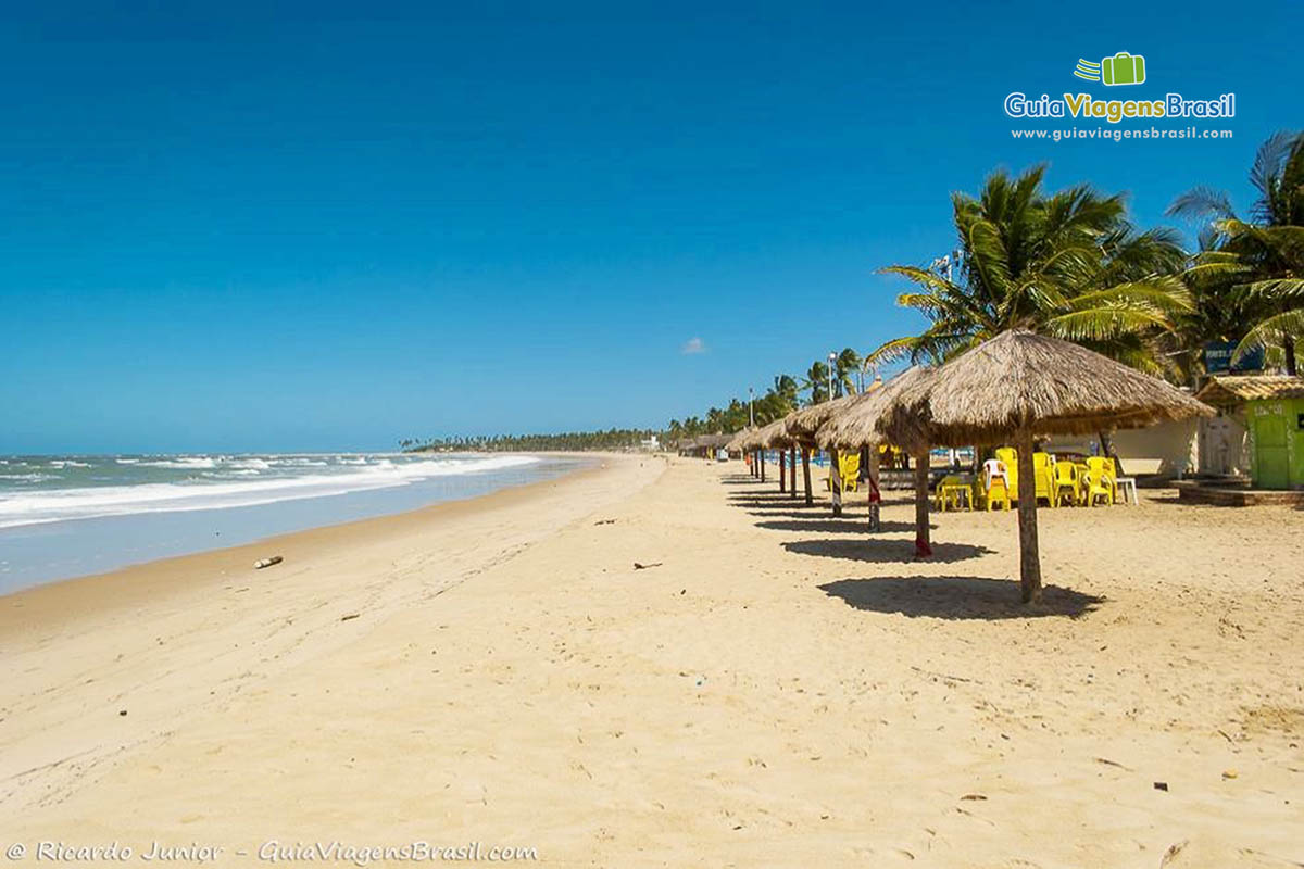 Imagem de quiosques de sapê para turistas na Praia de Maracaípe.