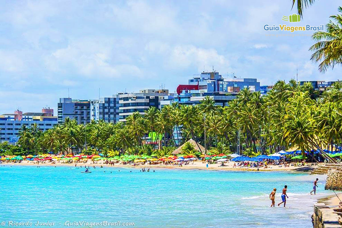 Imagem do mar, dos coqueiros e ao fundo prédios da Praia Ponta Verde, em Maceió, Alagoas, Brasil. 