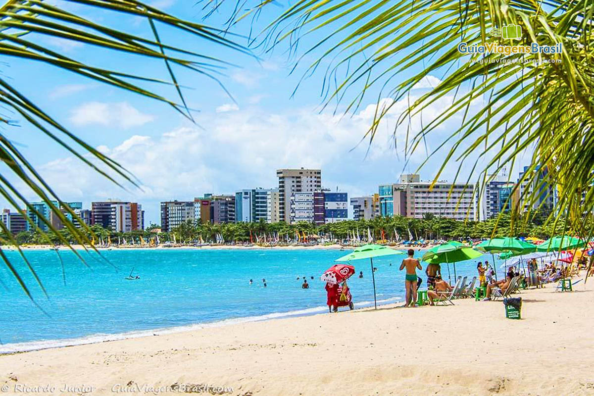 Imagem da Praia de Ponta Verde, folhas das palmeiras nas extremidades e no meio paisagem da praia, em Maceió, Alagoas, Brasil. 