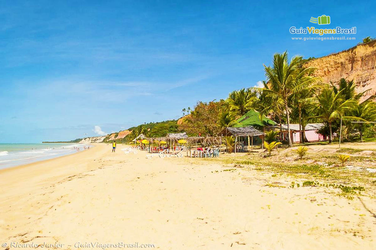 Imagem de coqueiros e quiosque na Praia de Taípe.