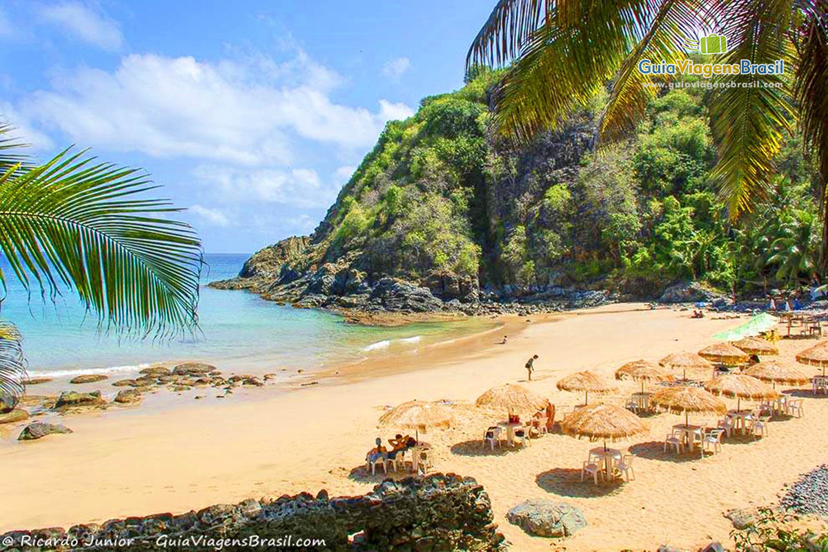 Imagem da doce Praia do Cachorro, com guarda sol de sapê e deixa a praia com um charme único, em Fernando de Noronha, Pernambuco, Brasil.