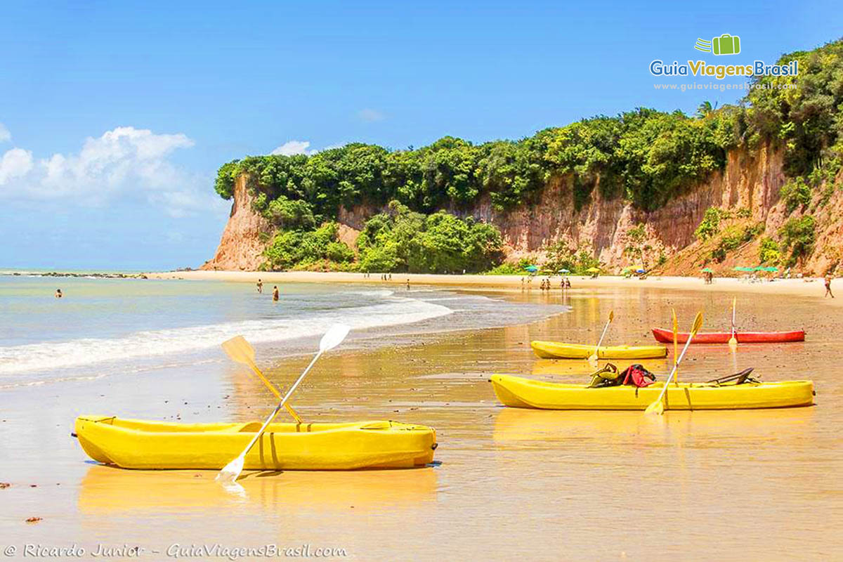 Imagem de vários caiaques para serem alugados aos turistas.