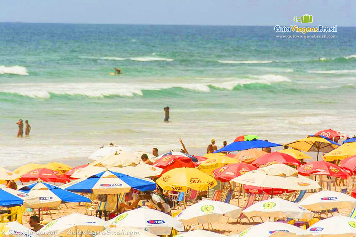 Imagem do guarda-sol coloridos que junto com o bela praia compõe uma linda paisagem.