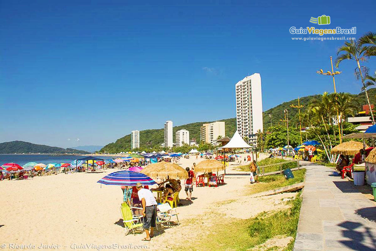 Imagem de toda extensão da Praia Mansa, em Caiobá, Santa Catarina, Brasil.