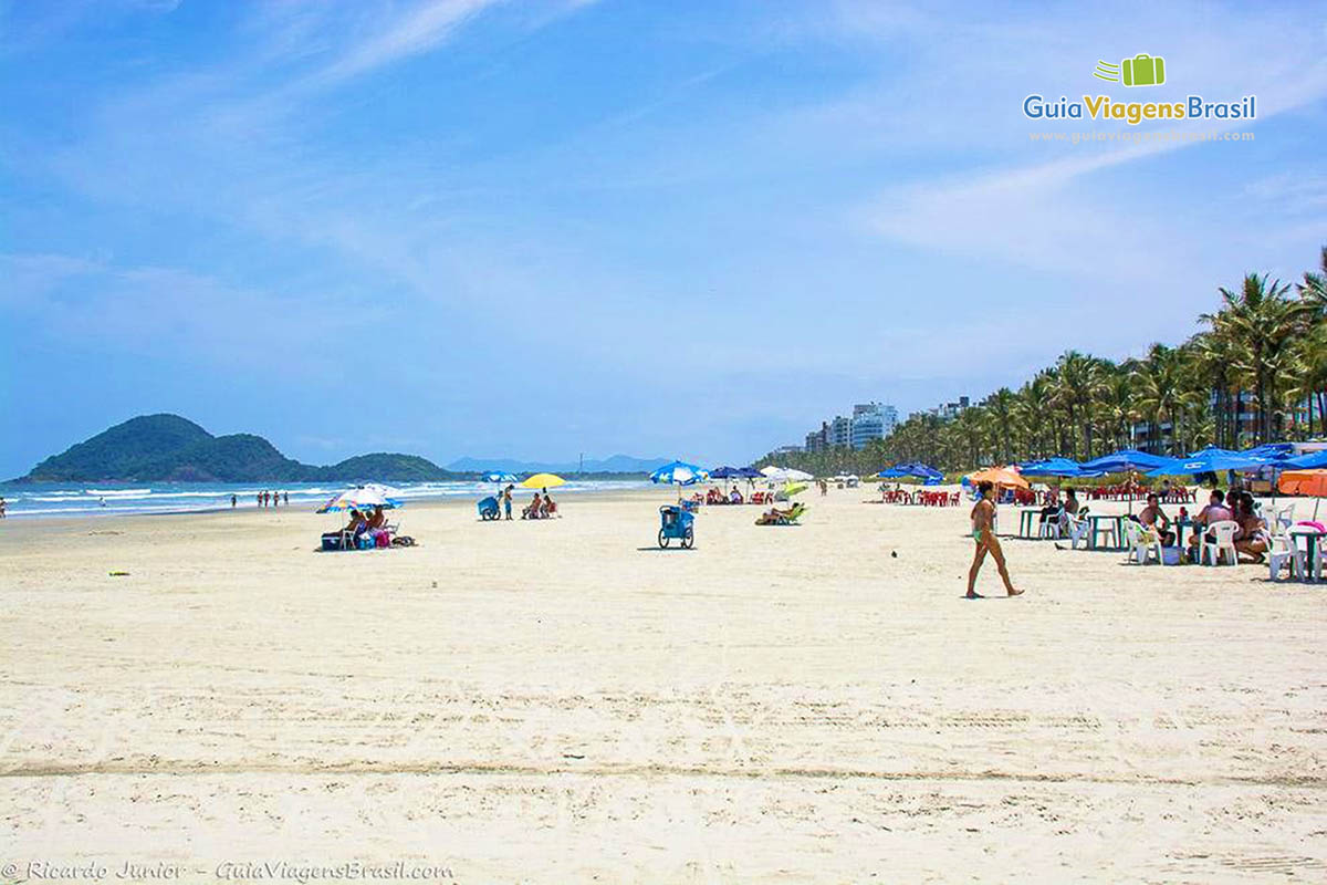 Imagem da faixa de areia, mar e coqueiros na Praia da Riviera.