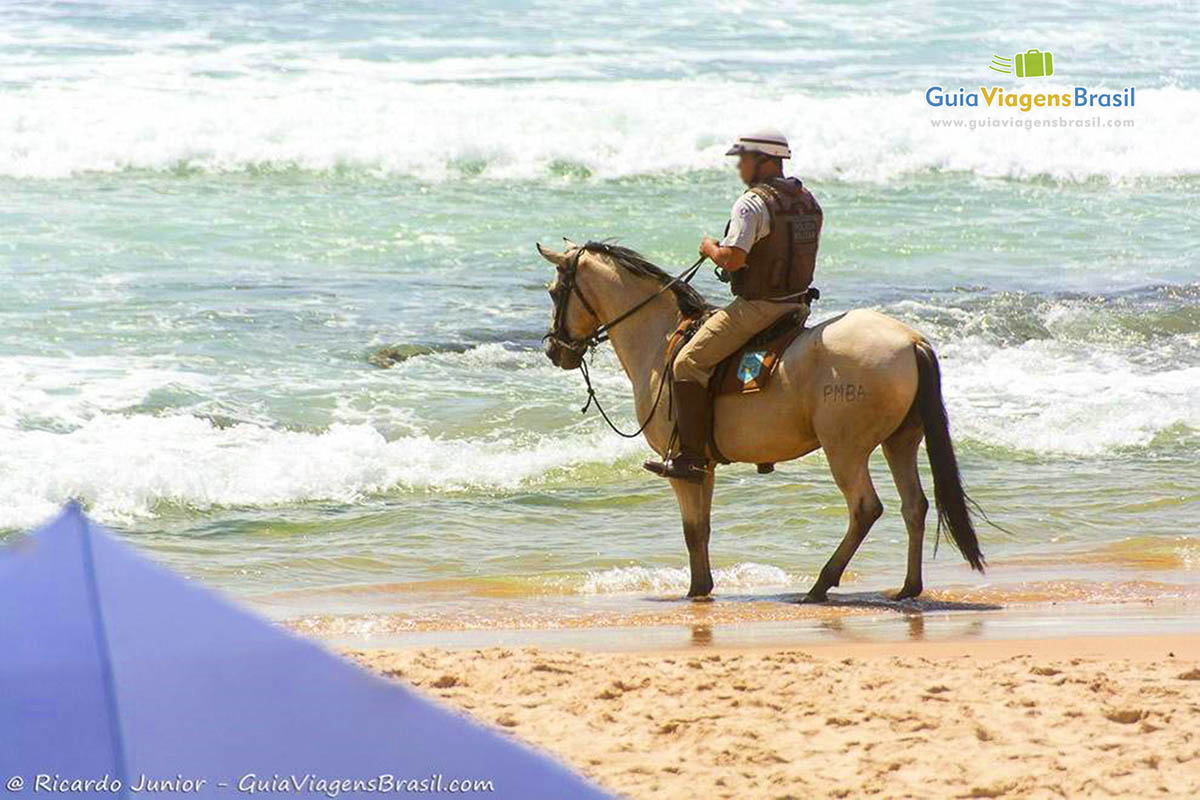 Imagem do cavalo e guarda montado na beira do mar.