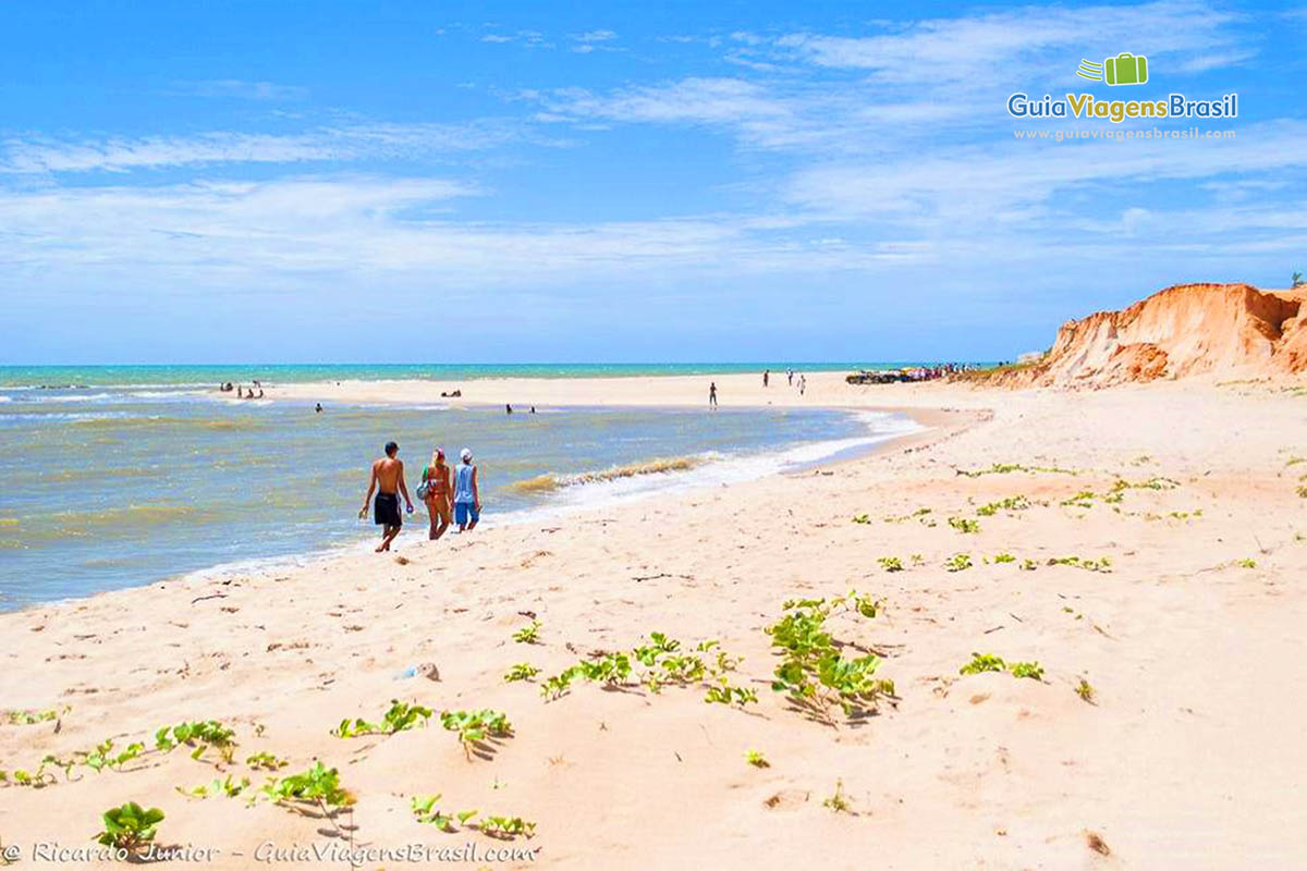 Imagem de pessoas caminhando pela Praia Canoa Quebrada.