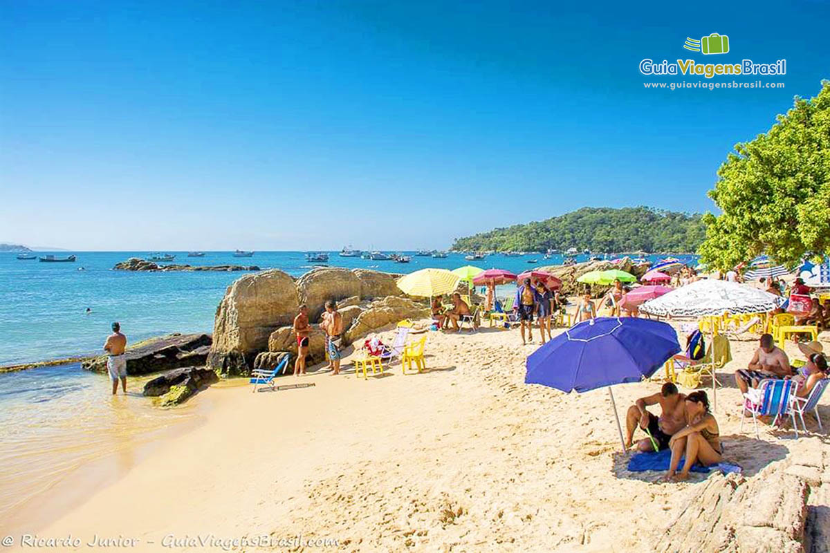 Imagem de guarda sol coloridos na areia da praia.