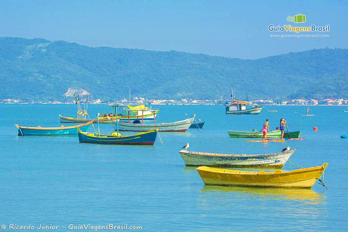 Imagem de barcos no mar e ao fundo morro.