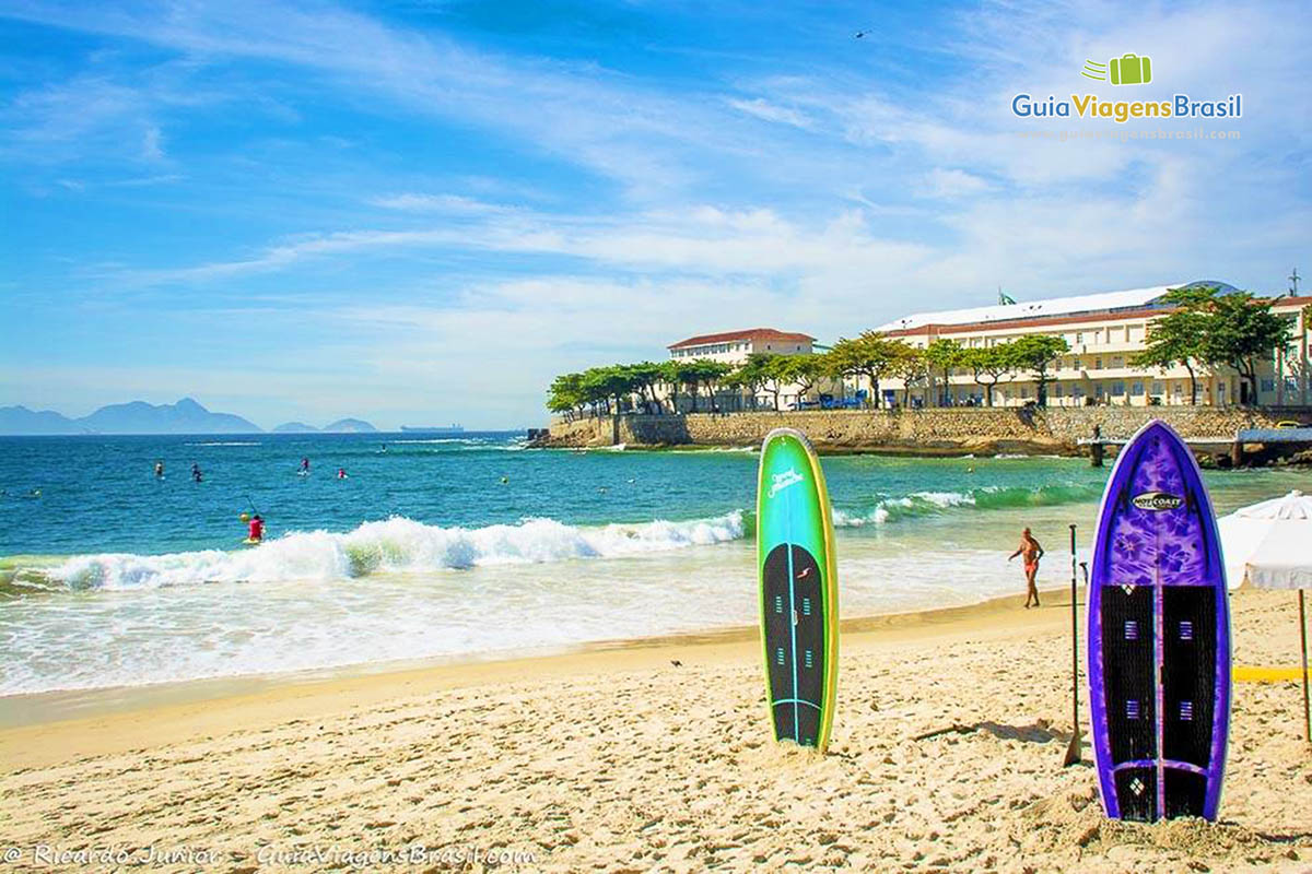 Imagem de lindas pranchas se stand up paddle fincadas nas areias da praia.