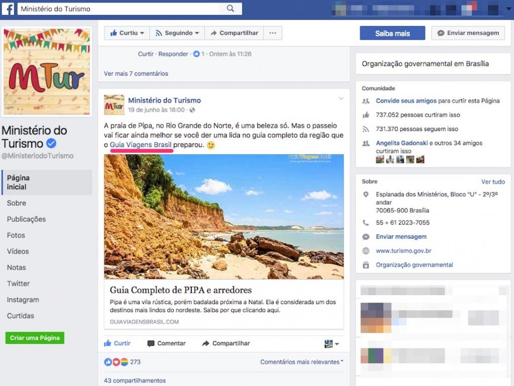 Ministerio do Turismo - Publicação no Facebook