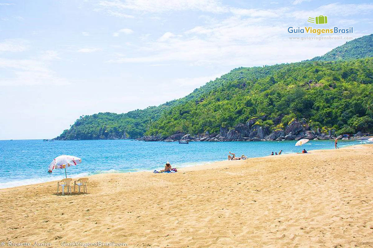 Imagem da praia e no morro coberto de vegetação na Praia Jabaquara.