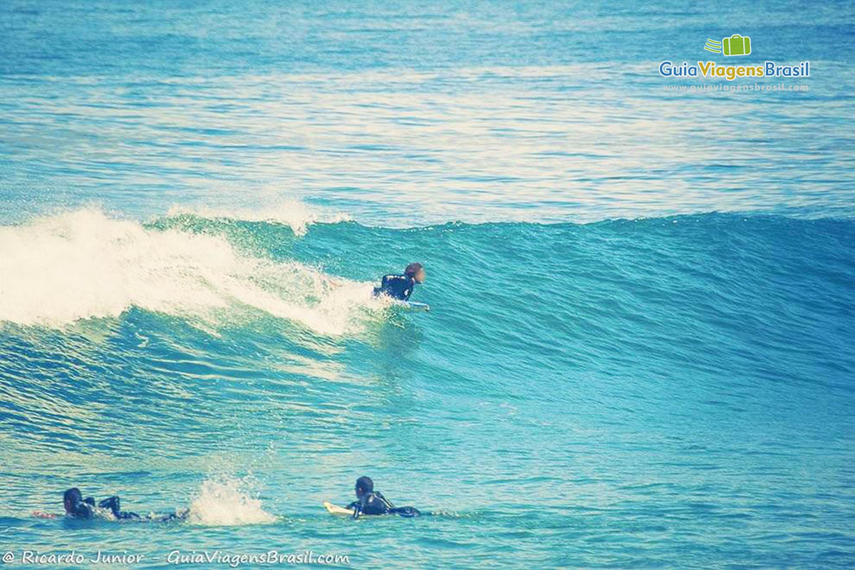 Imagem de surfistas remando para pegar onda.