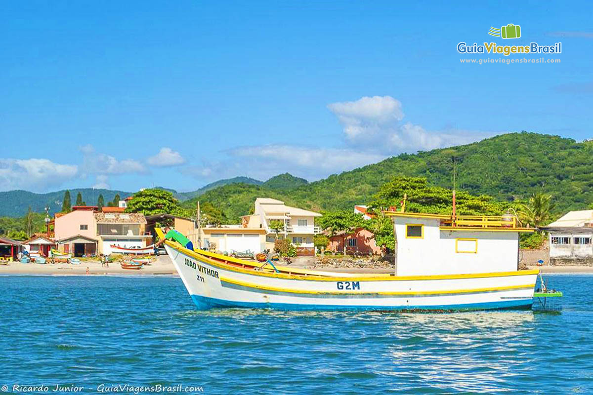 Imagem de bonito barco de pescador e ao fundo morro verdinho e árvore.