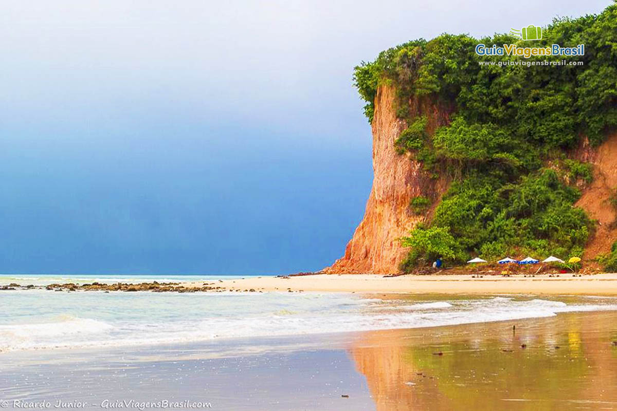 Imagem de ponta da praia com falesia e vegetação em cima da falesia, linda natureza.