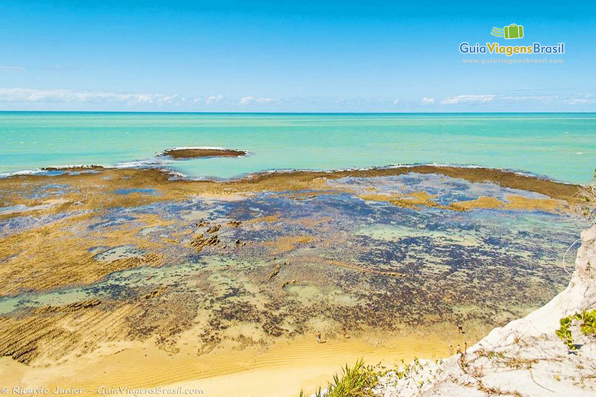 Imagem do mar esverdeado de cima de uma falesia.