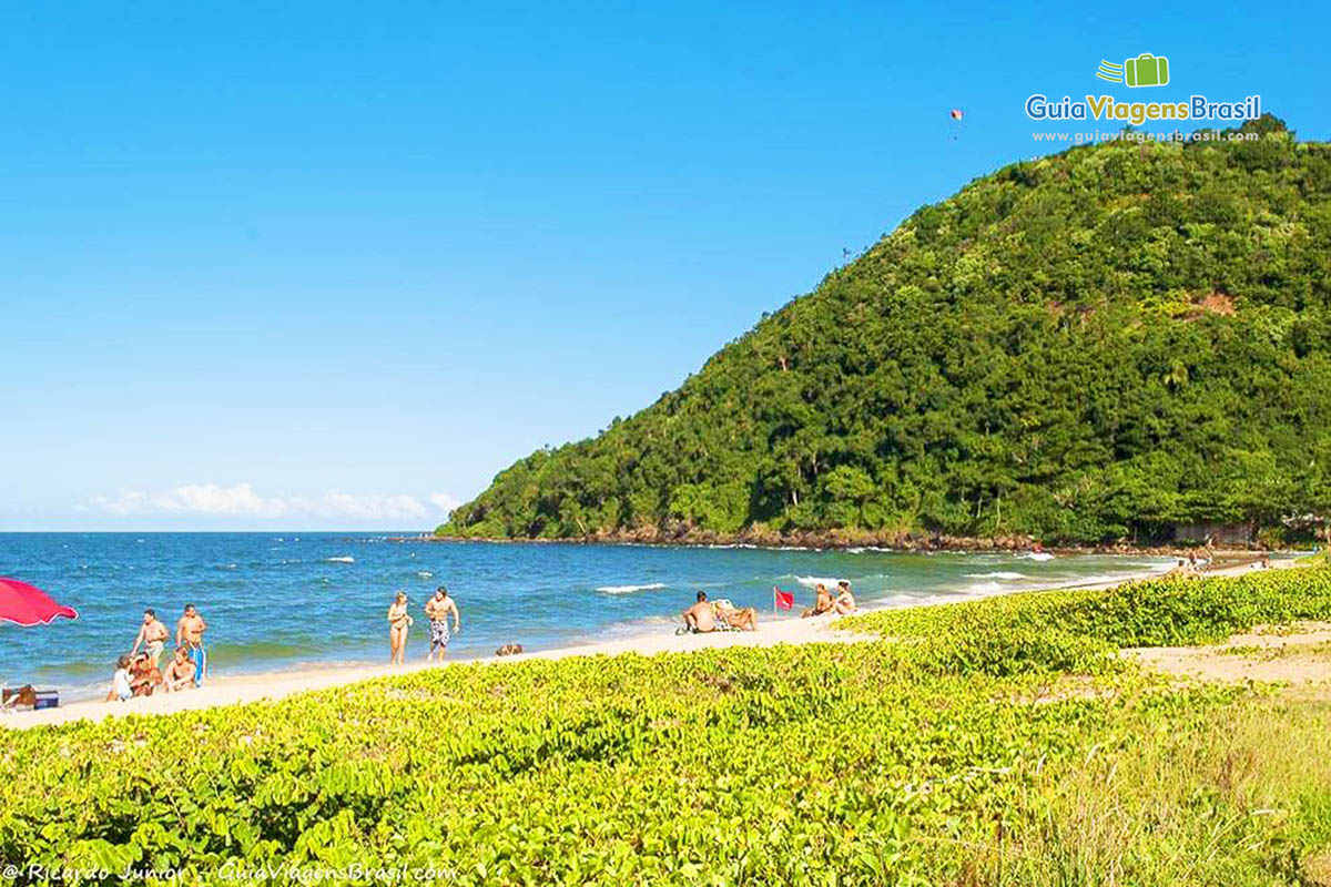 Imagem de turistas nas areias e vegetação belíssima na Praia dos Amores.