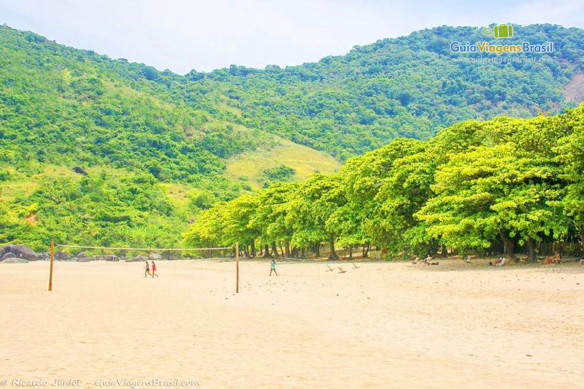 Imagem de rede de vôlei nas areias da praia.